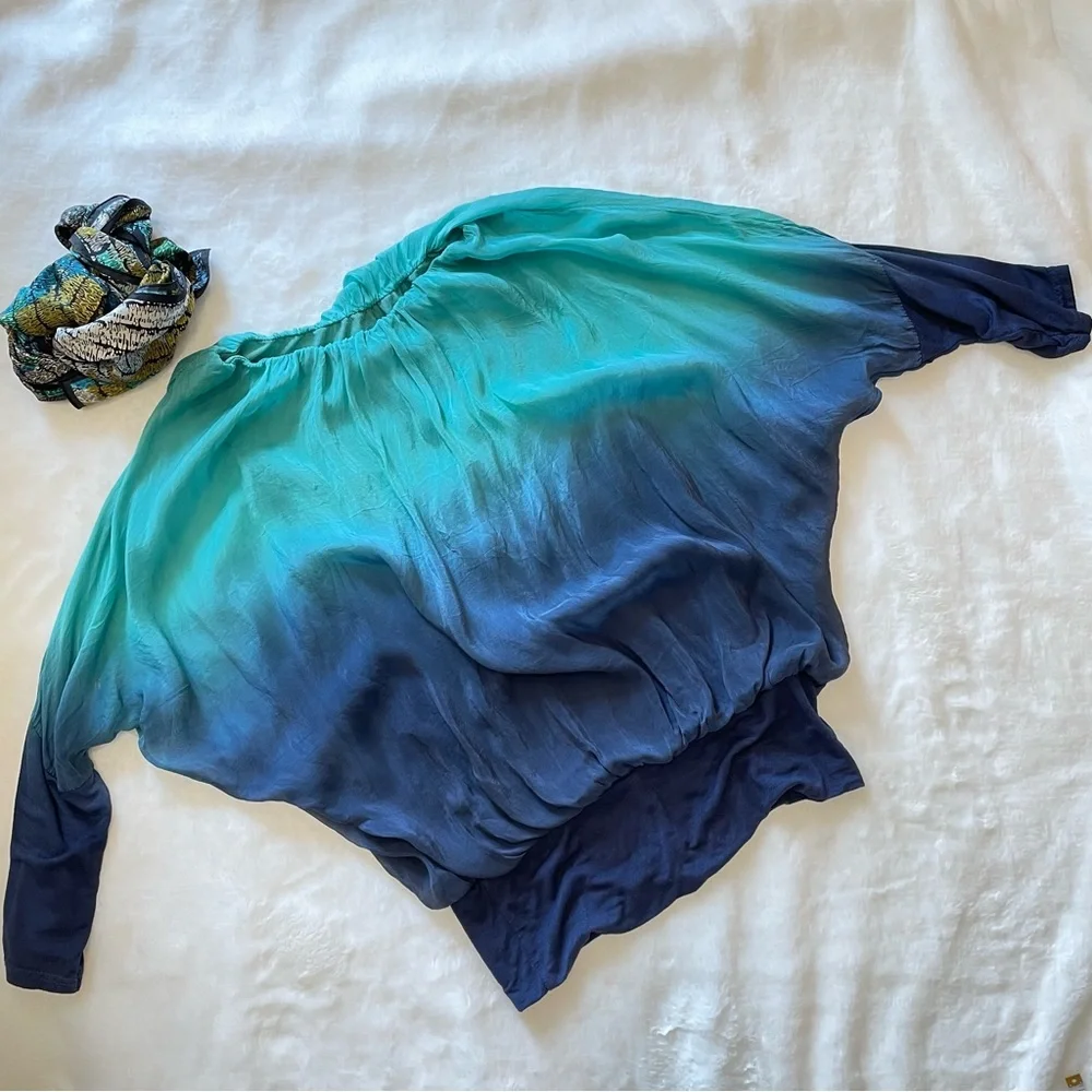 Womens Turquoise Navy Silk Blouse Top - Picture 3 of 16